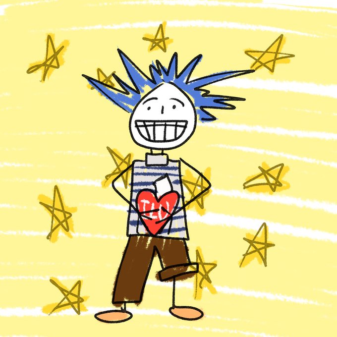 A child's crayon-style digital drawing shows a figure with spiky blue hair, a striped shirt, brown pants, and a red heart on the chest, surrounded by yellow stars.