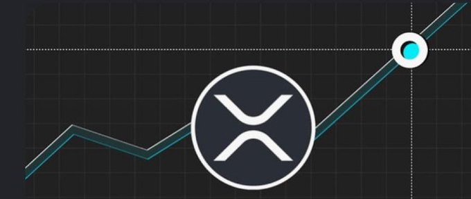 Graphic showing the XRP cryptocurrency logo overlaid on an upward-trending line chart with a glowing cyan dot marking a recent high point.