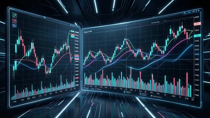 Two futuristic digital displays show financial candlestick charts and trading data with glowing pink and cyan trend lines against a high-tech, dark background.
