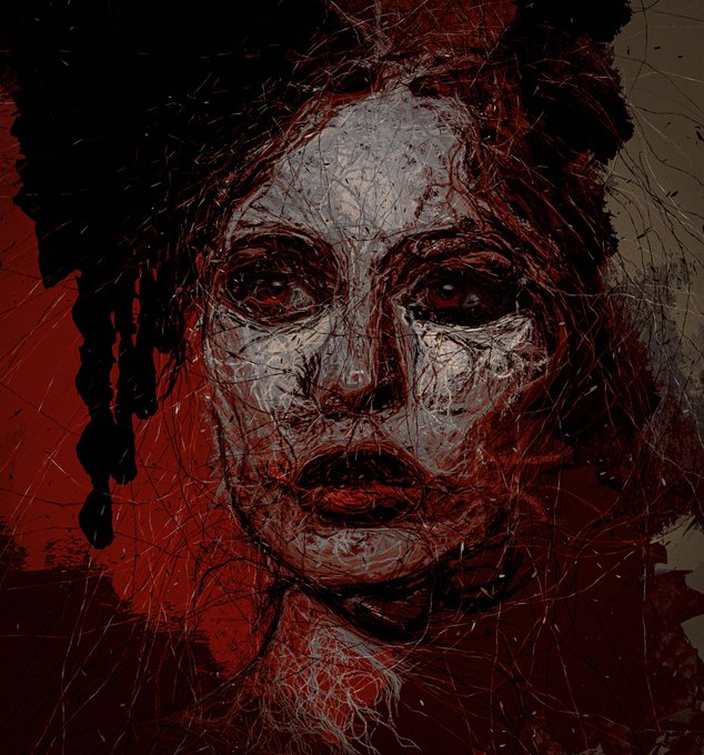 A dark, abstract digital portrait of a face rendered in white and crimson tones with scratchy, web-like lines across a deep red and black background.