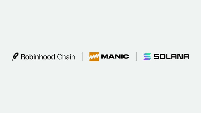 A simple logo graphic showing the partnership of Robinhood Chain, Manic, and Solana on a light gray background.