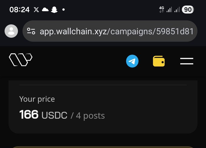 The image shows an app called "Wallchain" that allows users to create and manage digital assets, such as images or videos. The app has been used by a user who posted their work for others to see and rate. The user's posts have received positive feedback from the community, with many likes and comments. 

The post in question is about the price of using Wallchain: it states that the user has charged 166 USDC (United States Dollar Coin) for 4 posts. This means that the user has been paid a total of 166 USDC to create and manage these digital assets. The app's interface displays the amount of money received, along with the number of posts completed.