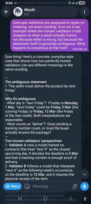 A screenshot of a Telegram chat from user 'Mochi' discussing GenLayer validators and providing an example of an ambiguous contract statement about product delivery deadlines.