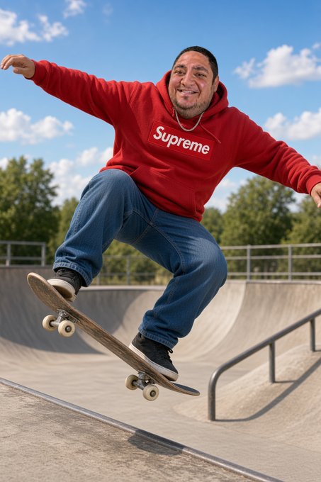 A man in a red Supreme hoodie and blue jeans performing a skateboarding trick mid-air at an outdoor skatepark.