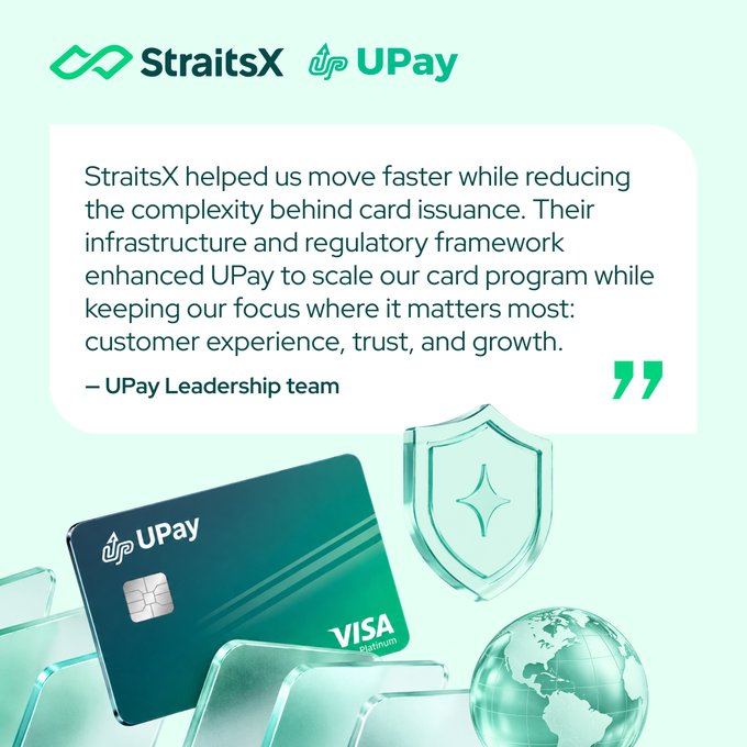 A promotional graphic featuring logos for 'StraitsX' and 'UPay' shows a green UPay Visa Platinum card and a customer testimonial from the 'UPay Leadership team'.