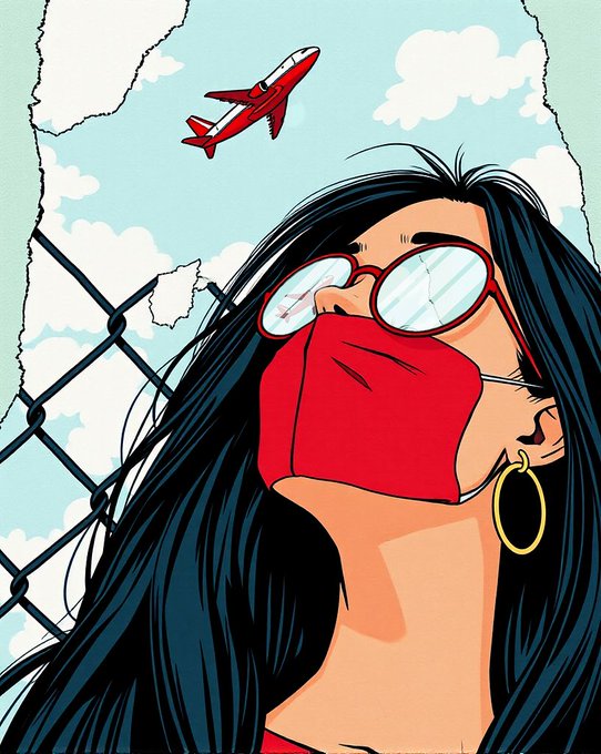 A comic-style illustration of a woman with long dark hair, round sunglasses, a red face mask, and a gold hoop earring, with a red airplane flying in the cloudy sky behind her.