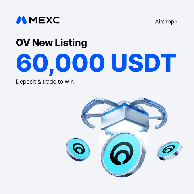 MEXC Airdrop+ promotional graphic announcing a new $OV (Optiview) token listing with a 60,000 USDT prize pool, encouraging users to deposit and trade to win rewards.