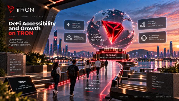 A promotional graphic for 'TRON' featuring a glowing red TRON logo and globe, with text promoting 'DeFi Accessibility and Growth on TRON' and various benefits like 'LOW COST' and 'GLOBAL PARTICIPATION'.