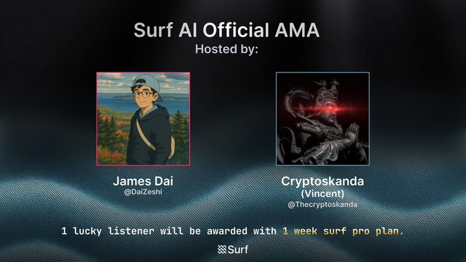 A 'Surf AI Official AMA' announcement graphic hosted by James Dai (@DaiZeshi) and Cryptoskanda Vincent (@Thecryptoskanda), offering 1 lucky listener a 1-week Surf Pro Plan.