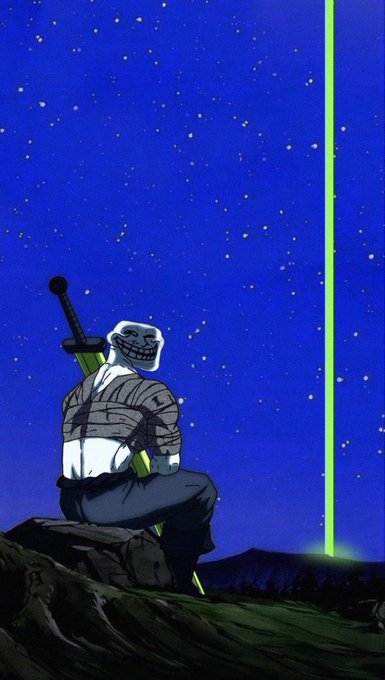 An anime-style illustration of a skeletal warrior with a sword sitting on a rocky cliff under a starry night sky, facing a vertical green beam of light.