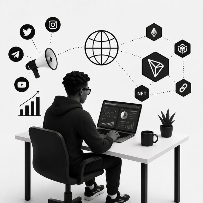 A black-and-white illustration of a man working on a laptop at a desk, surrounded by floating icons representing social media (Twitter, Instagram, YouTube, Telegram), a globe, cryptocurrency (Ethereum, NFT, Tron), and analytics charts.