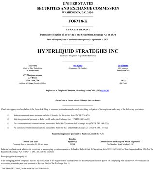 An SEC Form 8-K filing from Hyperliquid Strategies Inc (ticker HYLI, CIK 0002049326) dated September 2, 2024, disclosing an amendment to its securities purchase agreement. The filing supports the news that the company expanded its stock purchase agreement with Chardan Capital Markets from $1 billion to $2.5 billion, increasing both the aggregate purchase amount and the Class A share cap.
