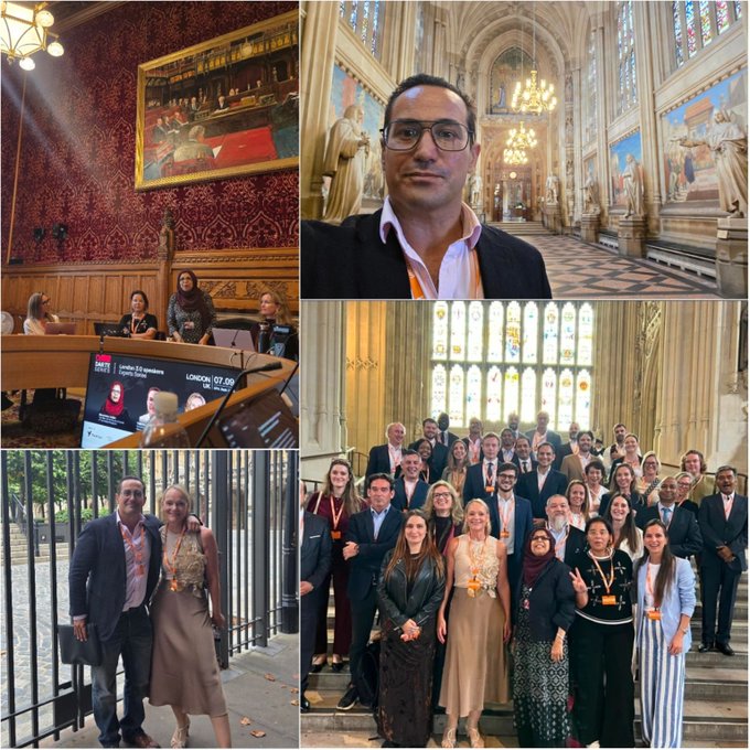 A collage of photos from the London 7.09 Synapse event, featuring a man in glasses, parliamentary-style meetings, group photos in an ornate Gothic hall, and attendees gathered on steps and near gates.