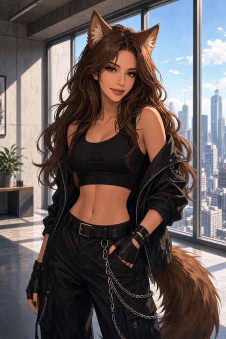A confident, anime-style fox-eared character with a large tail stands in a modern high-rise apartment overlooking a city skyline, wearing a black crop top, jacket, and chain accessories — embodying the "Empress" energy of the $PACK community post. The image visually represents the post's reference to a "wolf" mascot rebranded as a striking, edgy character, reinforcing the "No Wolf Left Behind" rallying cry.