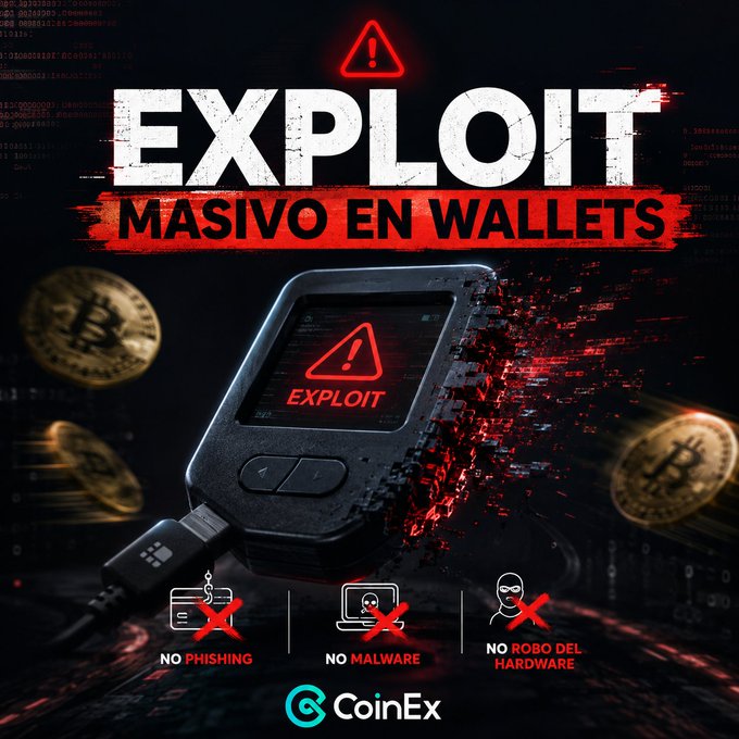 A CoinEx promotional graphic warning about a 'MASIVE EXPLOIT' in wallets, featuring a hardware wallet with a warning symbol and icons stating 'NO PHISHING', 'NO MALWARE', and 'NO ROBO DEL HARDWARE'.