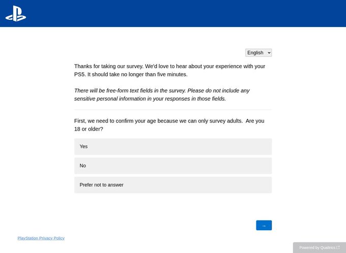 A PlayStation survey webpage asking the user to confirm if they are 18 or older, with Yes, No, and Prefer not to answer options.
