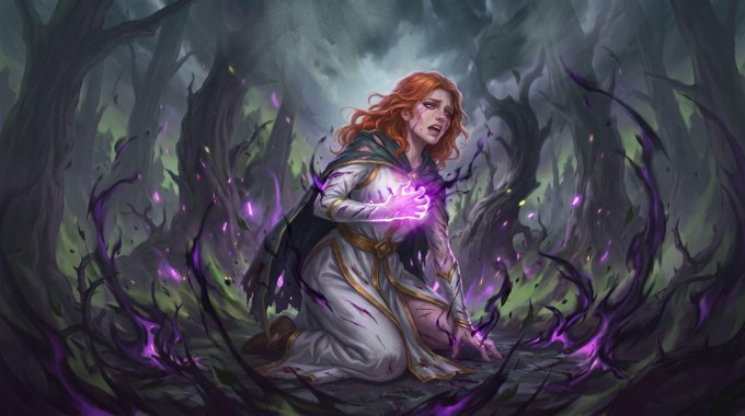 A red-haired woman kneels in a shadowy forest, channeling glowing purple magic from her chest as dark tendrils swirl around her. The image evokes the supernatural, otherworldly power befitting the "Reckoning" expansion launching on 13 October 2026.