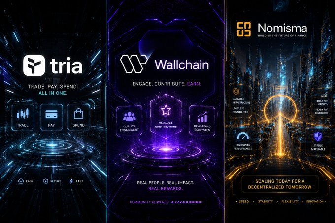 The image shows a 3x3 poster with three different designs, one of which features a cityscape at night with a glowing yellow building surrounded by purple and blue elements. The other posters have more modern, futuristic design elements. Each poster contains various logos representing platforms such as Tria, Wallchain, and Nomisma Network. The focus is on the growth and long-term strategies for these companies.