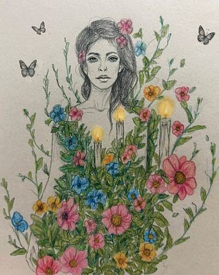 The image features a beautiful illustration of a woman surrounded by flowers, with candles placed among them. The woman appears to be wearing a dress that matches the colors of the flowers surrounding her. There are four butterflies fluttering around the woman's head, adding a sense of movement and life to the scene. The post is titled "Happy birthday dear I have just collected Born in Silence" by @arminamofasser on @objktcom/tokens/KT1Mhst, which suggests that this artwork might be related to a special occasion or celebration.