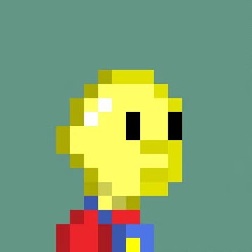 Pixel art illustration of a yellow character with black eyes and a red and blue outfit against a teal background.