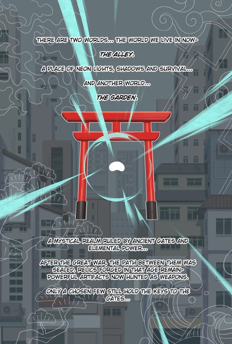 An illustrated comic-style page depicting a red Japanese torii gate with mystical text describing two worlds: 'THE ALLEY' and 'THE GARDEN'.