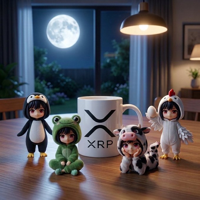 Four anime-style figurines in animal costumes (penguin, frog, cow, and chicken) sit around an XRP-branded mug on a wooden table at night, with a full moon visible through the window.