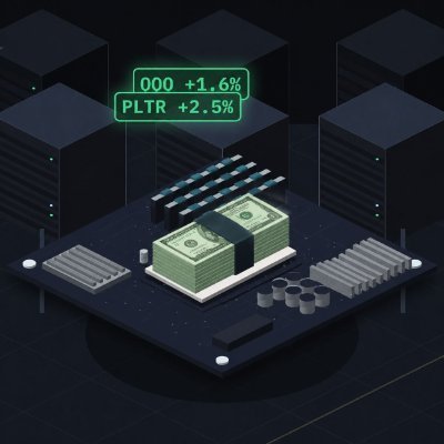 Isometric digital illustration of a server/data center with stacks of money and stock tickers displaying 'OOO +1.6%' and 'PLTR +2.5%'.