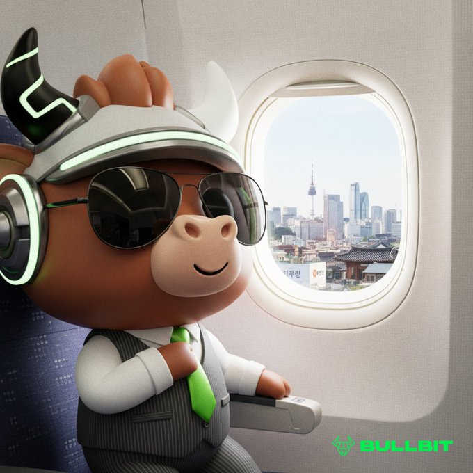 A 3D illustration of a cartoon bull character wearing sunglasses, a green tie, and headphones, sitting in an airplane seat looking out the window at a city skyline, branded with the 'BULLET' logo.