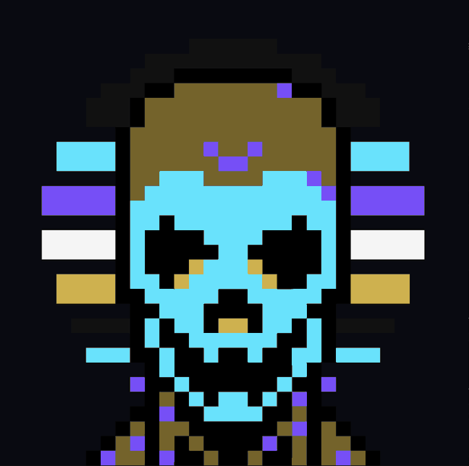 A pixel art illustration of a blue skull character with colorful horizontal bars and bone-like protrusions against a black background.