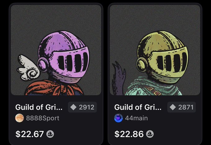 Two NFT listings from the 'Guild of Gri...' collection showing helmeted characters with wings, priced at $22.67 and $22.86 respectively, with floor prices of 0.2088 ETH and 0.2089 ETH.