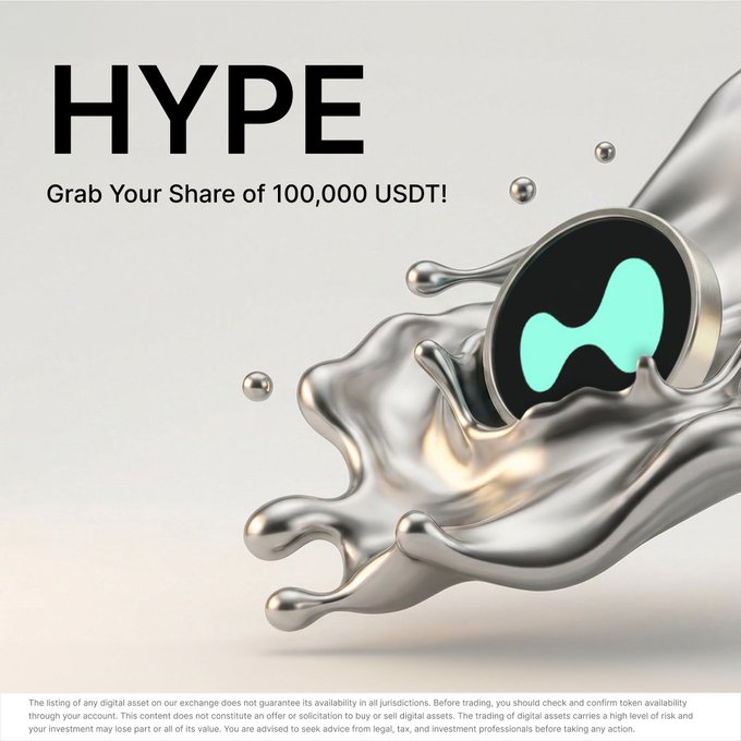 The image features a gold coin with a green logo, floating above a wave-like effect created by spraying silver liquid or water droplets coming out of the top right corner. The word "HYPE" is also visible within this scene. The background appears to be a white surface on which text can be found stating that the "HYPE momentum continues", referring to the ongoing trading campaign for the cryptocurrency "Bybit". The text mentions an ongoing trading effort, and it is advised that people trade HYPE on Bybit as soon as possible so they can potentially win big.