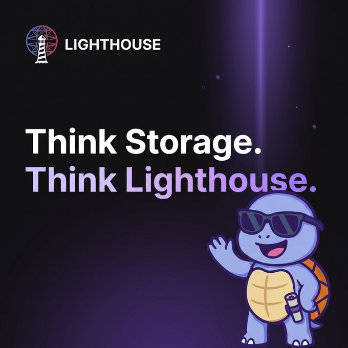 A dark promotional graphic featuring the "LIGHTHOUSE" logo in the top left, a cartoon turtle mascot wearing sunglasses and waving on the right, and the tagline "Think Storage. Think Lighthouse." in bold white and purple text, visually reinforcing the brand's forward-looking storage message.