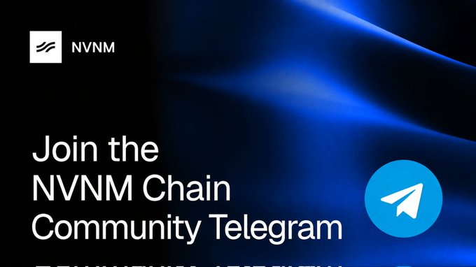 Promotional graphic for NVNM Chain featuring a blue Telegram logo with the text 'Join the NVNM Chain Community Telegram'.