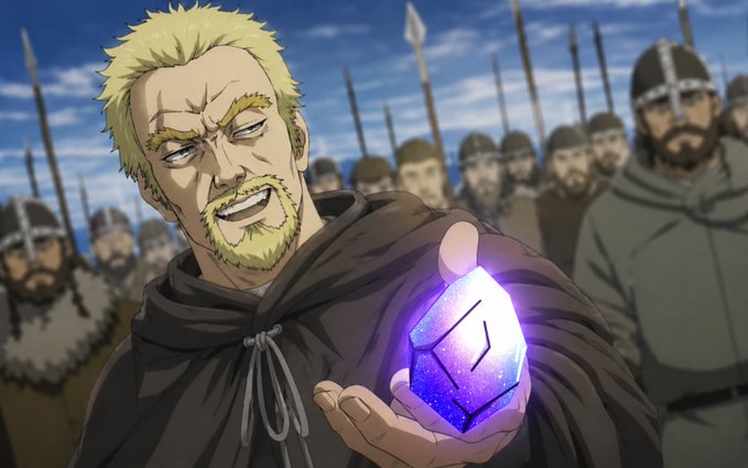 A blonde man in a dark cloak holds a glowing purple gemstone, looking at it with an intense expression while soldiers with spears stand in the background.