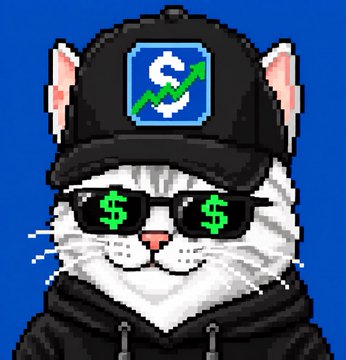 A pixel art illustration of a white cat wearing a black baseball cap with a green dollar sign logo and black sunglasses featuring green dollar signs on the lenses, set against a blue background.