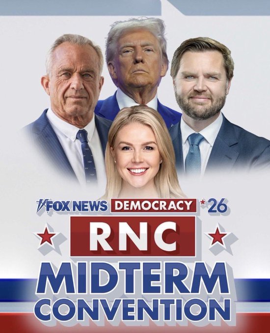 A Fox News graphic promoting the 'Democracy 26 RNC Midterm Convention' features four political figures including Donald Trump, Robert F. Kennedy Jr., J.D. Vance, and Karoline Leavitt.
