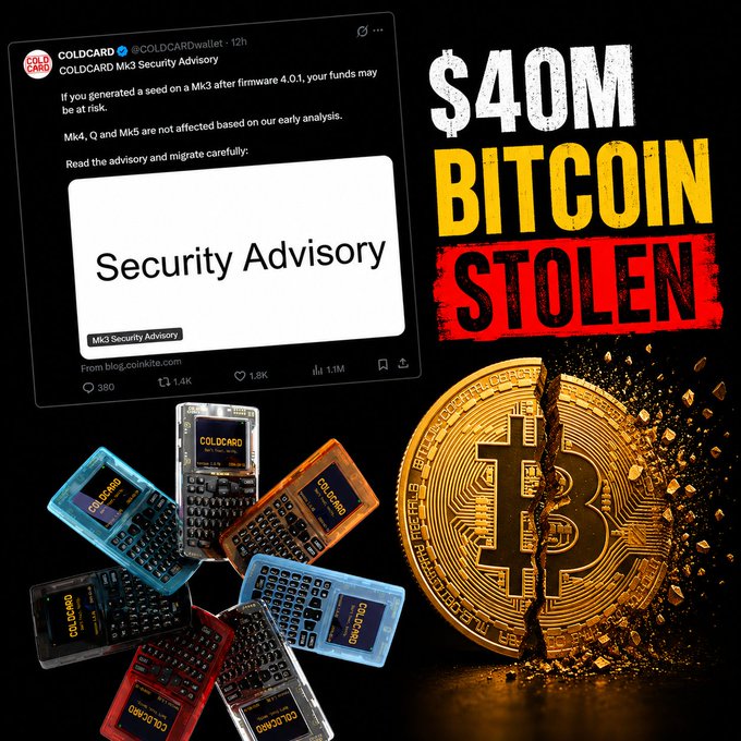 This image depicts multiple COLDcard devices, a security advisory from @COLDCARDwallet concerning firmware 4.0.1, and graphics indicating "$40M BITCOIN STOLEN," alluding to the theft of Bitcoin due to a flaw in private key generation rather than a hack of the Bitcoin network itself.