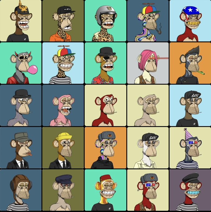 A grid of 25 cartoon monkey NFT avatars, each with different hats, accessories, and expressions on various colored backgrounds.