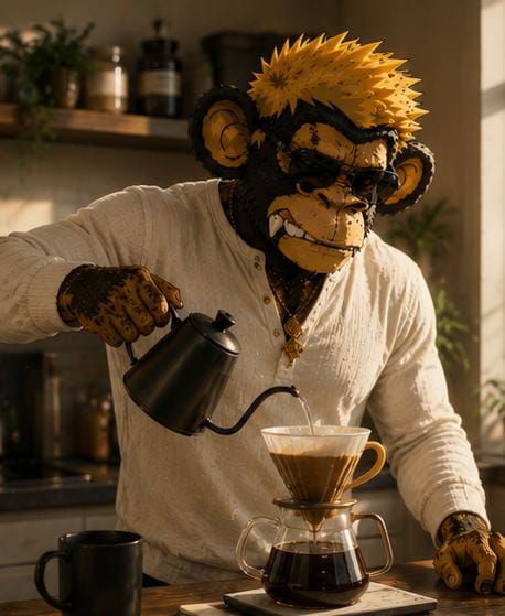 A digitally composed image of an anthropomorphic monkey with spiky blonde hair, wearing a white shirt and gold chain, pouring water from a black gooseneck kettle into a pour-over coffee setup.
