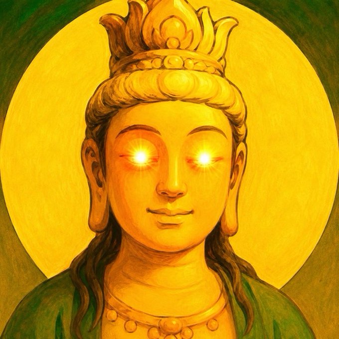 A radiant golden deity figure with glowing eyes and an ornate crown, set against a luminous halo backdrop. The image symbolizes enlightenment and divine wisdom, lending a spiritual, almost sacred aura to the post promoting trusted crypto exchange platforms for trading Bitcoin and altcoins.