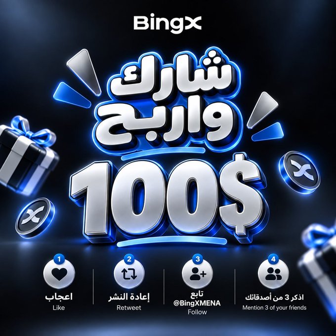 A promotional graphic for 'BingX' features large 3D numbers '100$' with Arabic text, along with instructions to Like, Retweet, Follow @BingXMENA, and mention 3 friends.