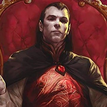 A digital painting of a pale vampire-like figure with dark hair, a red gem at his collar, and a black cape, sitting against a red tufted backdrop.