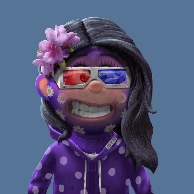 A 3D-rendered character with purple skin decorated with white daisies, wearing 3D glasses with red and blue lenses, a purple polka-dot hoodie, and pink flowers in their dark hair.