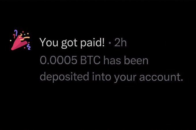 Notification screen with a party popper emoji that reads 'You got paid! • 2h' followed by '0.0005 BTC has been deposited into your account.'