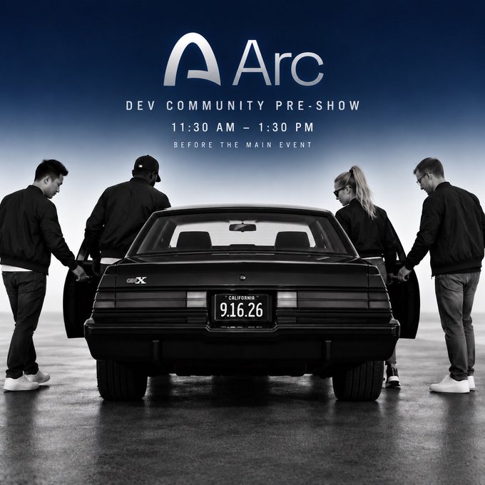 The image is a black-and-white promotional graphic for the "Arc Dev Community Pre-Show," featuring the Arc logo and event details (11:30 AM – 1:30 PM, before the main event) above four people gathered around the open doors of a classic car with a California license plate reading "9.16.26," visually aligning with the post's announcement of the September 16, 2026 developer event.