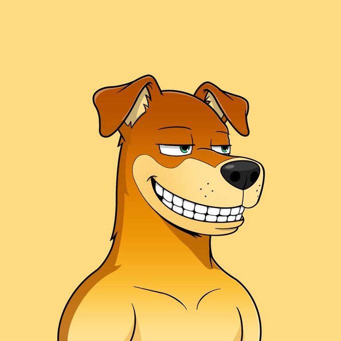 A cartoon illustration of a smug, toothy-grinning brown dog with green half-lidded eyes on a beige background, fitting the playful "Mad Dawgz" giveaway theme in the post.