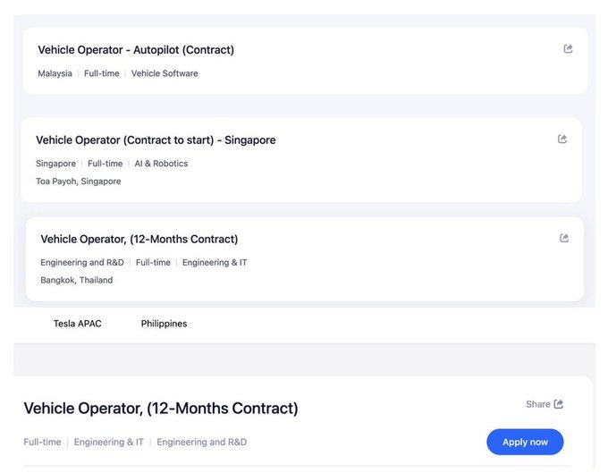A Tesla APAC job listing page showing multiple 'Vehicle Operator' contract positions in Singapore, Malaysia, Thailand, and the Philippines with an 'Apply now' button.