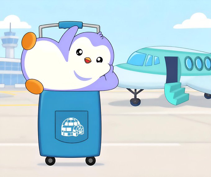A cheerful purple and white penguin character peeks out from inside a blue suitcase featuring a globe and "AA" luggage tag logo, with a teal airplane and airport control tower in the background—perfectly matching the "heading off on a short vacation" vibe of the post.