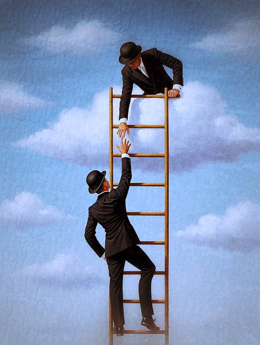 A surrealist painting showing two men in dark suits and bowler hats in the sky; one climbs a wooden ladder while the other reaches down from a cloud above to help him.