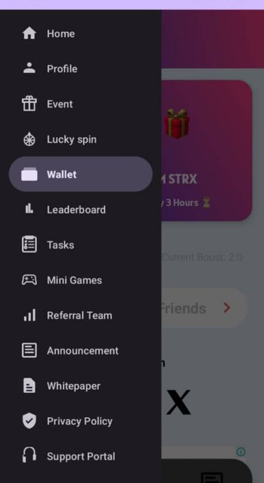 App navigation menu showing options like Home, Profile, Event, Lucky spin, Wallet, Leaderboard, Tasks, Mini Games, Referral Team, Announcement, Whitepaper, Privacy Policy, and Support Portal.